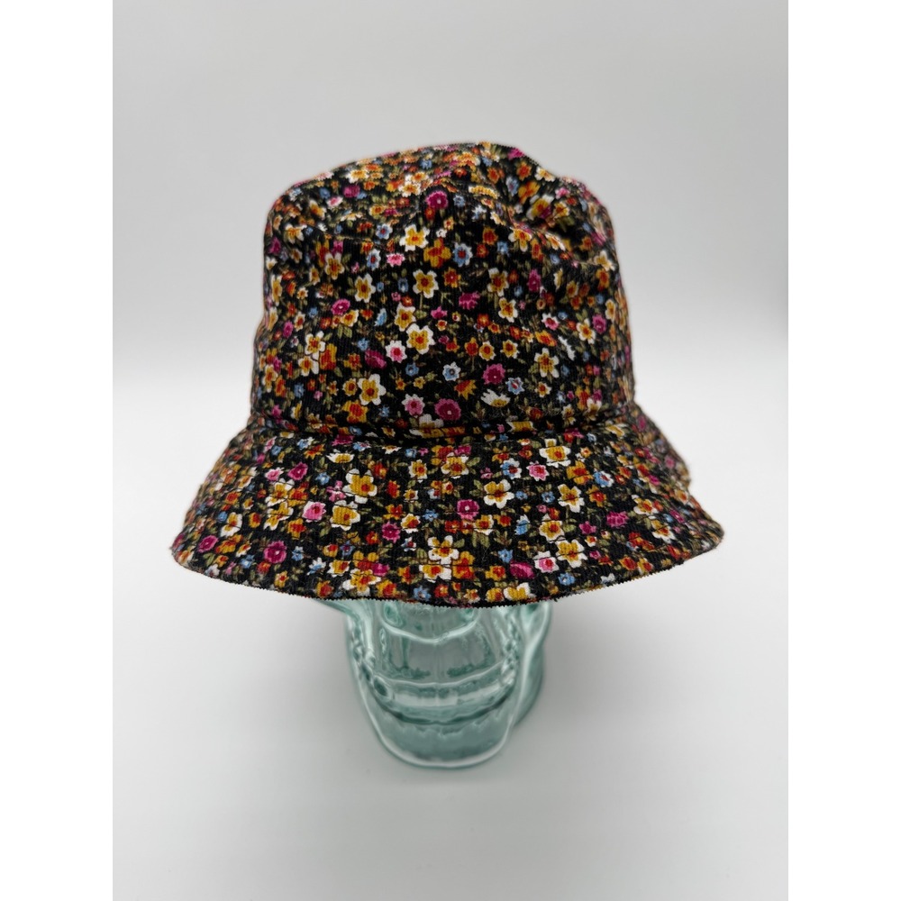 Floral Corduroy Bucket Hat Black Ditsy Flower Print Retro Sun Hat RN 109028